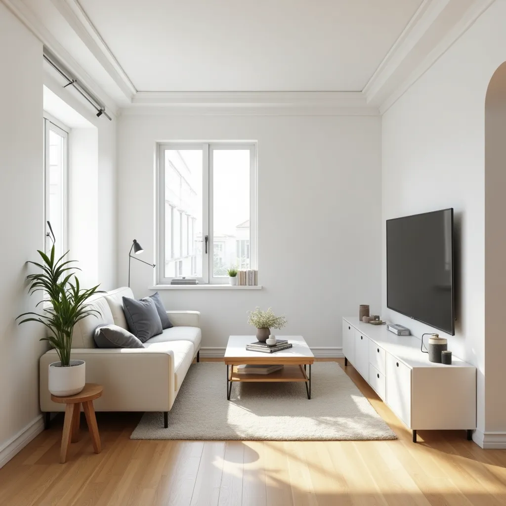 compact living room, space-saving furniture, white walls, light oak flooring, bright, airy