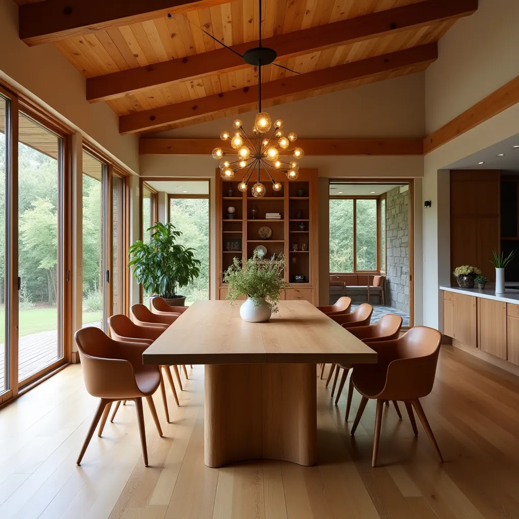 family dining room, large table, warm lighting, natural wood, open to kitchen