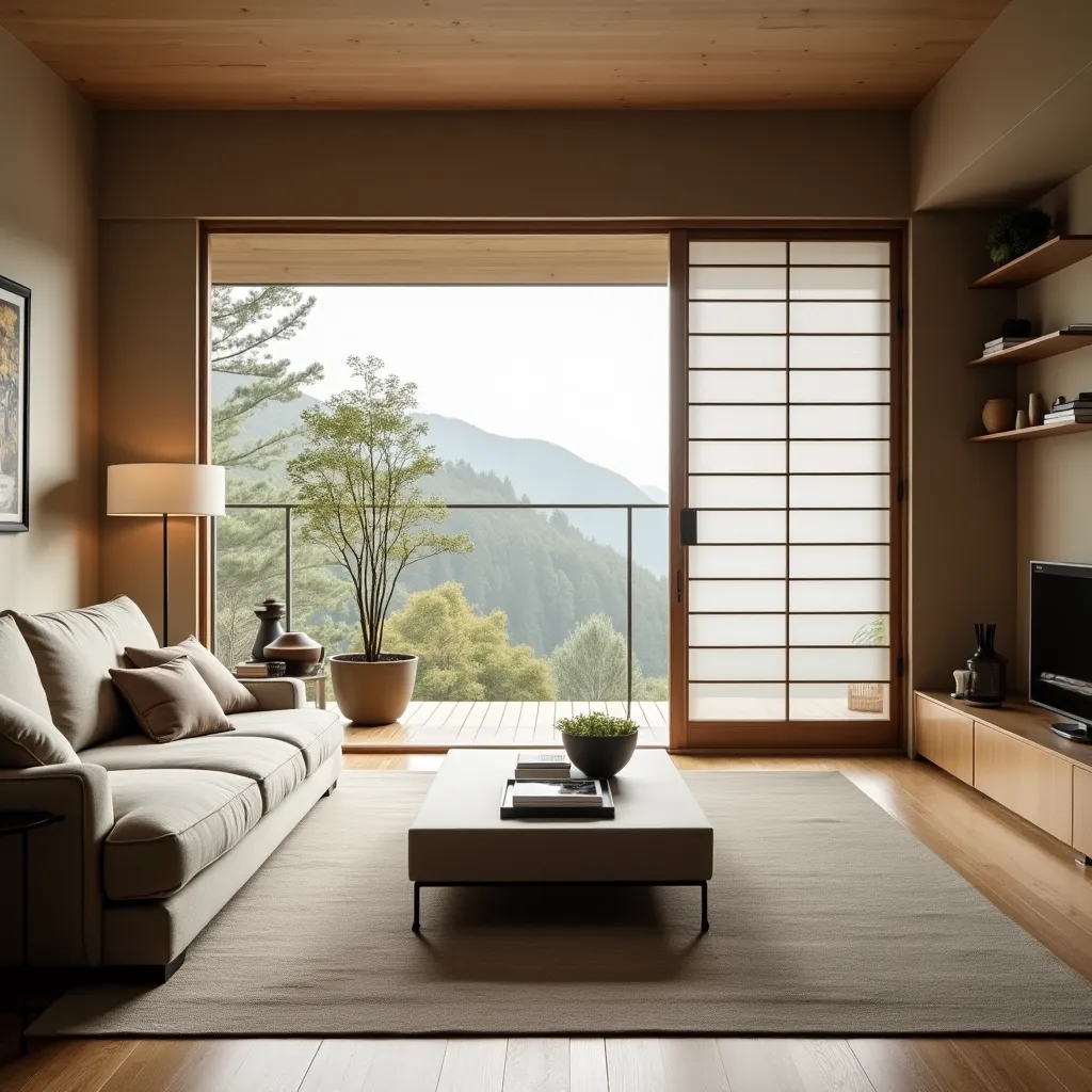 japanese modern living room, shoji screen, low furniture, neutral tones, tatami accents