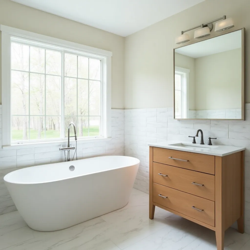 bathroom renovation, white tile, wood vanity, natural light, spa-like atmosphere