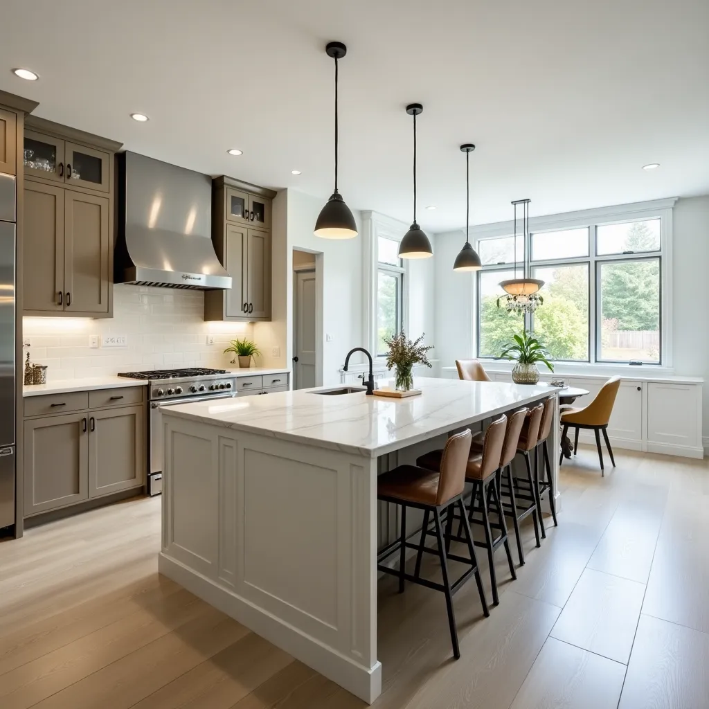 open plan kitchen, island counter, pendant lights, marble countertop, bright