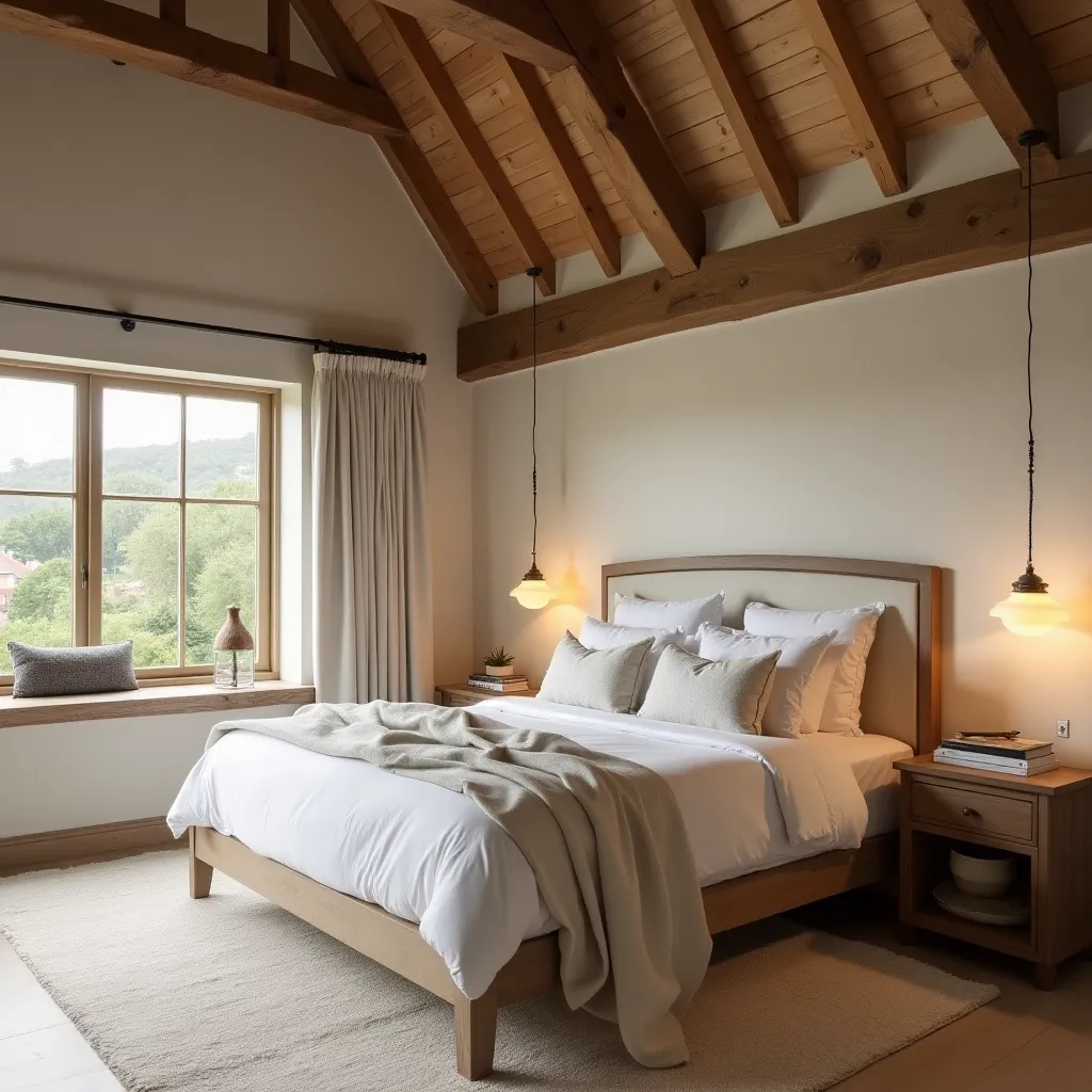 bedroom, exposed beam ceiling, soft linen, warm tones, cozy