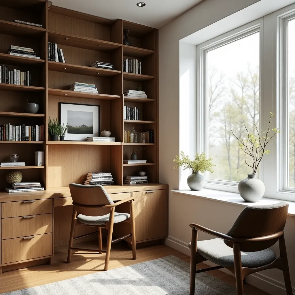 home office, built-in bookshelf, desk by window, natural light, calm