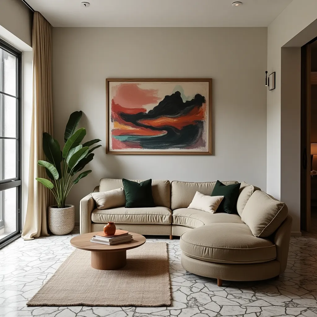 living room, terrazzo floor, curved sofa, art on walls, eclectic