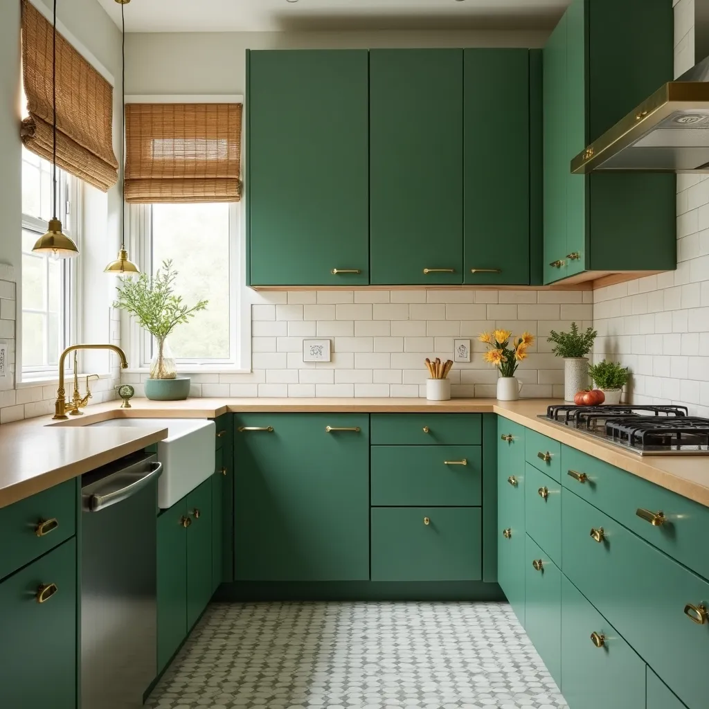 kitchen, green cabinets, brass hardware, tile backsplash, retro modern