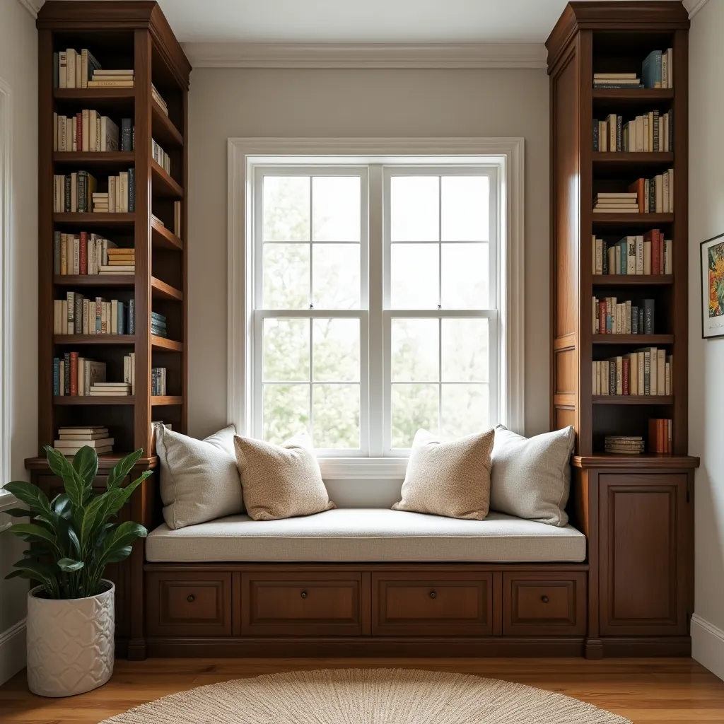 cozy reading nook, built-in bench, bookshelves, soft cushions, window light