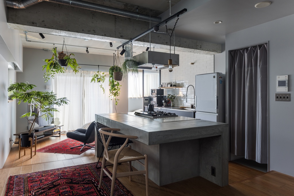 hacorenove style interior, industrial open-plan kitchen-living room, concrete island counter, exposed ceiling pipes and beams, white subway tile backsplash, hanging plants, red Persian rug, natural light, warm wood flooring
