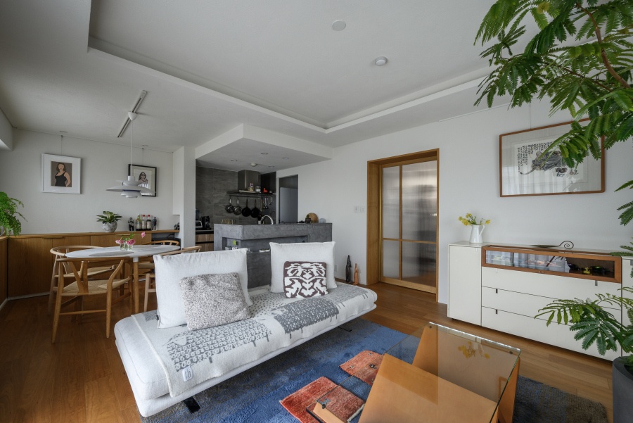 hacorenove style interior, open-plan living dining kitchen, white walls, warm oak flooring, gray concrete kitchen counter, white sofa, blue area rug, indoor plants, natural light, minimalist Japanese-Scandinavian atmosphere