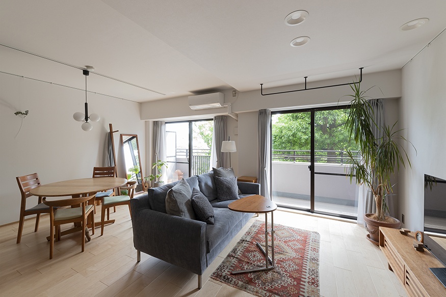 hacorenove style interior, Japanese apartment living-dining room, white walls, light wood flooring, gray sofa, oak dining set, kilim rug, large sliding doors, natural daylight, indoor plants, minimalist warm atmosphere